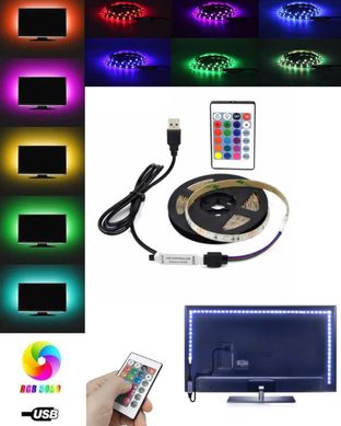 Світлодіодна стрічка LED з пультом 5050 RGB 2 м від USB, Фонове RGB підсвічування для телевізора, світлодіодна стрічка від Power Bank, Різні кольори