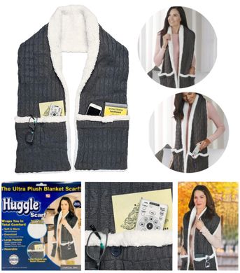 Зимова безрукавка шарф з кишенями Hugle Scarf двостороння, Жилетка - Плед, сірий