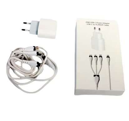 Зарядное устройство блок питания 20W USB-С Power Adapter + тройной универсальный кабель 3в1 USB-C to TC/Mi/iP Cable, Lightning,Type-C, Micro usb, Белый