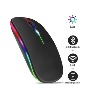 Беспроводная универсальная бесшумная мышь BauTech Со светодиодной разноцветной RGB подсветкой тонкая, эргономичная, современная аккумуляторная Bluetooth + 2.4 ГГц тихая, цвет черный белый,мышка для ПК для ноутбука
