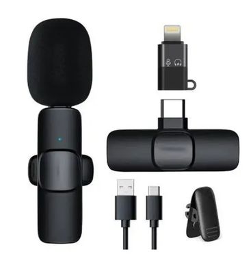 Петлічний бездротовий мікрофон К8 для смартфона PowerMe Wireless Mic iOS з Type-C, Мікрофон петличка на одяг з шумозаглушенням, Чорний