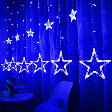 Новорічна гірлянда штора Зірки з пультом 12 зірок блакитного кольору