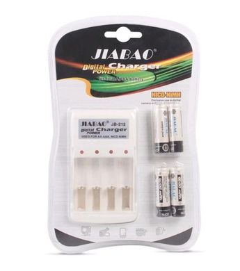 Зарядное устройство аккумуляторных батарей JIABAO JB-212 + 4 аккумулятора AAA (1,2В, 600мАч), Зарядка для аккумуляторов ААА, Зарядка для батареек, Белый