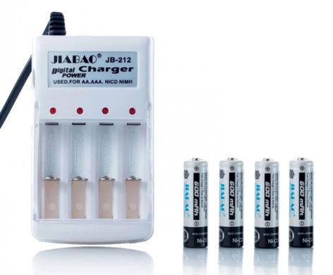 Зарядний пристрій акумуляторних батарей JIABAO JB-212 + 4 акумулятори AAA (1,2В, 600мАч), Заряджання для акумуляторів ААА, Заряджання для батарейок, Білий