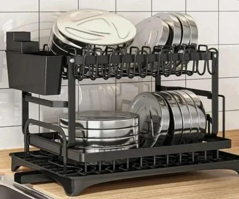 Дворівнева сушарка для посуду з автоматичним зливом для кухні, нержавіюча сталь, Стелаж для зберігання посуду зі зливним піддоном, Чорний