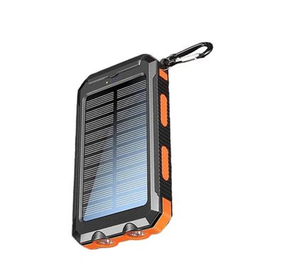 Портативное зарядное устройство Solar Power Bank с солнечной панелью 20000 мАч, противоударный, водонепроницаемый повербанк с фонарем, компас, карабин, Черный