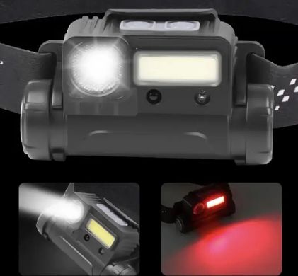 Универсальный светодиодный аккумуляторный налобный фонарь BL 123 COB + USB CHARGE,с датчиком движения,включение и отключение от взмаха руки,с магнитом,светит красным цветом, красный стробоскоп