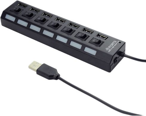 USB хаб на 7 портів із вимикачами, USB HUB, розгалужувач із кнопками чорний, Чорний