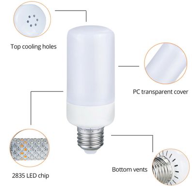Лампа LED Flame Bulb RGB з ефектом полум'я вогню E27 інтер'єрна, Світлодіодна лампочка з імітацією ефекту полум'я вогню, Різні кольори
