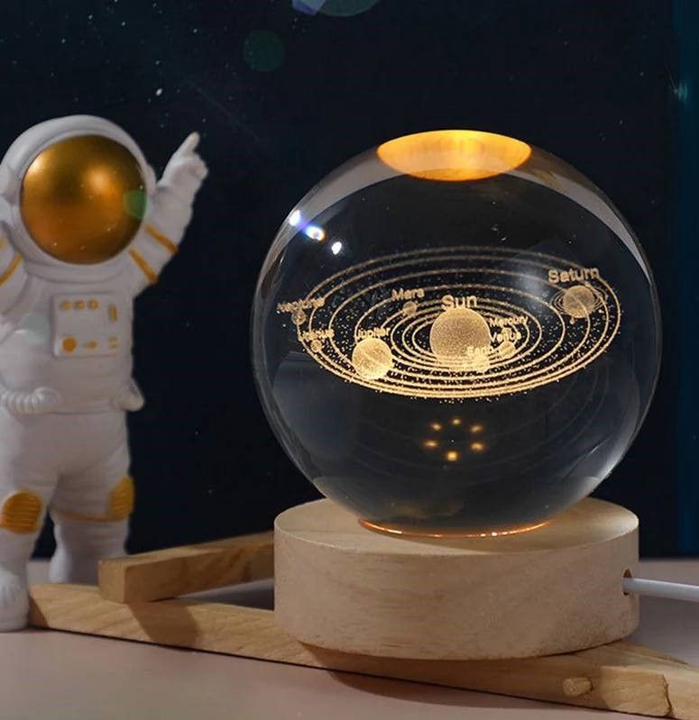Кришталева куля із сонячною системою 6/8 см світлодіодний LED 3D нічник, куля-нічник, скляна куля світильник на акумуляторі від USB