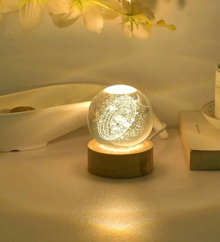 Кришталева куля із сонячною системою 6/8 см світлодіодний LED 3D нічник, куля-нічник, скляна куля світильник на акумуляторі від USB