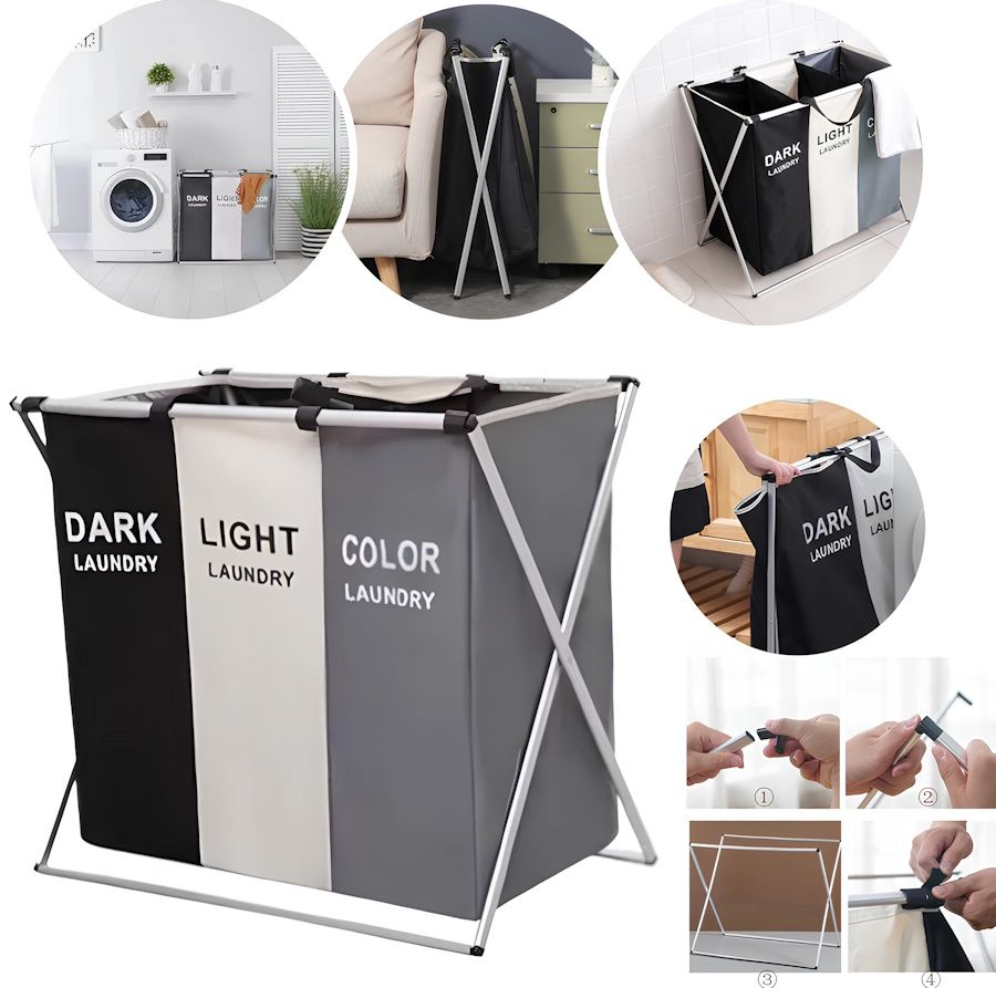 Кошик для білизни складаний 120л з 3 відсіками Laundry Basket, Кошик-органайзер для сортування брудної білизни