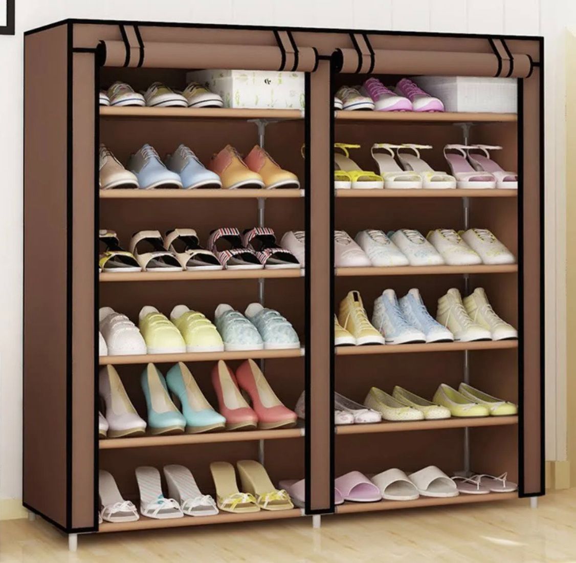 Тканинний складаний шафа для взуття на 2 секції Shoe Cabinet YQF-2266 на 12 полиць, подвійна шафа органайзер для зберігання взуття