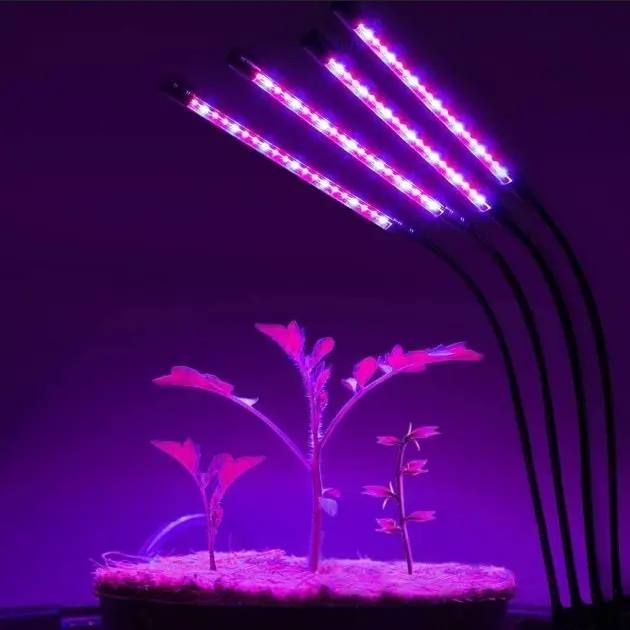 Фітолампа для вирощування рослин та розсади LED 36 ВТ, світлодіодна з таймером на 4 лампи, повний спектр на прищіпці, для підсвічування рослин при недостатньому рівні природного освітлення, гнучка з регулюванням яскравості